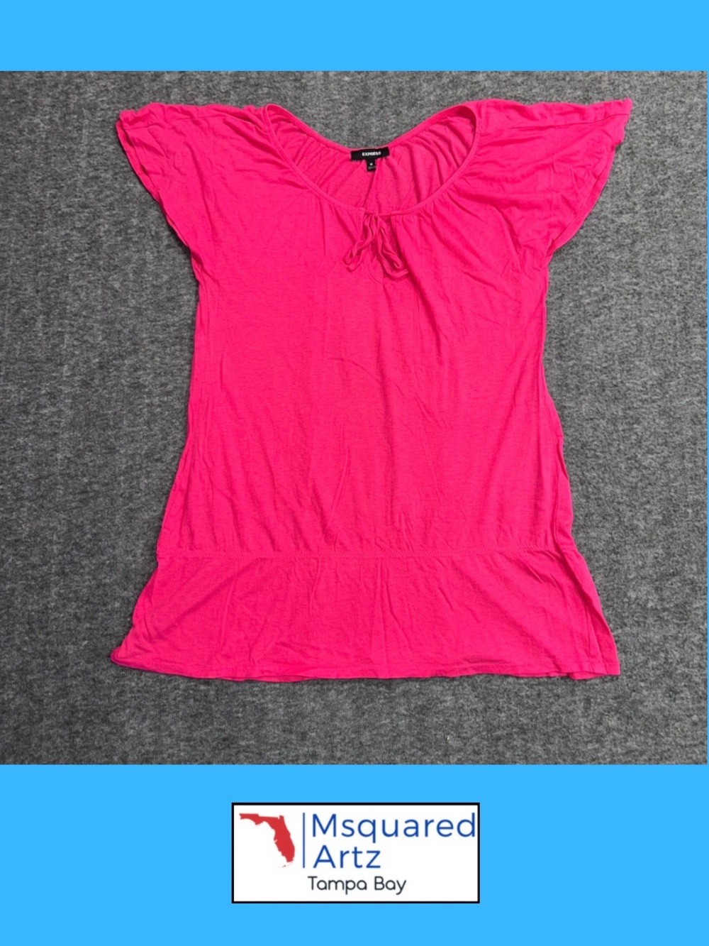Express Women’s Medium 2008 Y2K Hot Pink Flutter Sleeve Peplum Tie Neck Top
